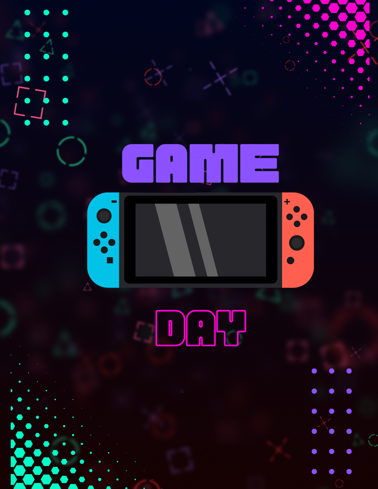 A nintendo switch on a black background, the words "game day" in purple and red
