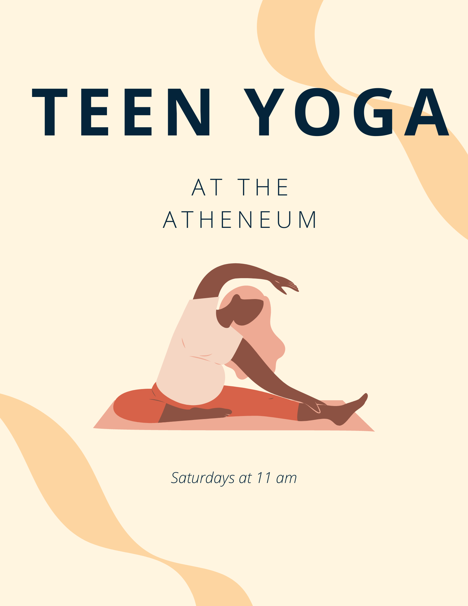 A person doing a side stretch on a yellow background. The words "teen yoga at the atheneum" in bold, followed by "saturdays at 11 am"