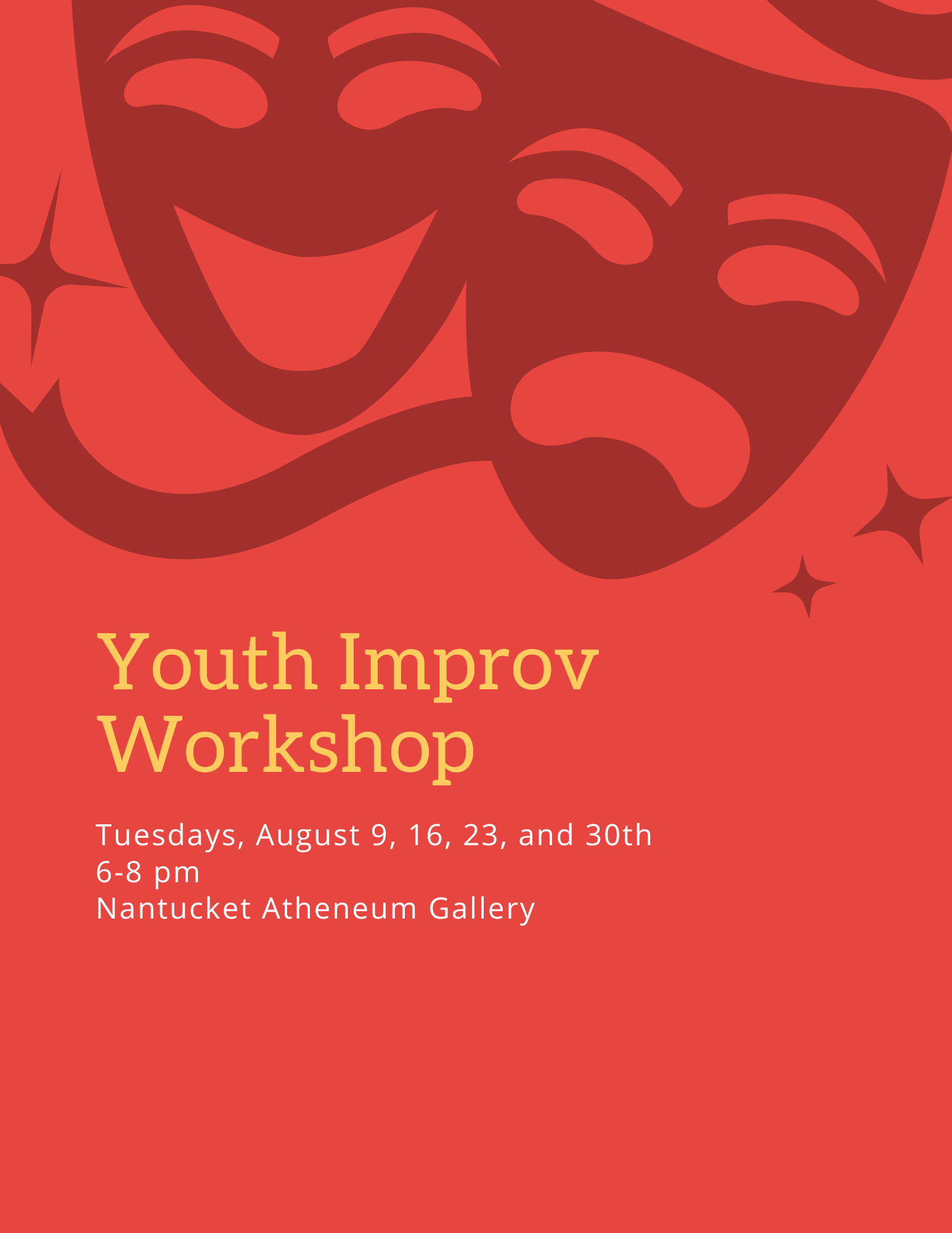 Red drama masks, with text reading: Youth Improv workshop
