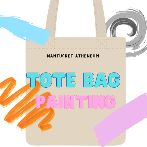 Tote bag with paint splatters, text reads "Nantucket Atheneum tote bag painting"