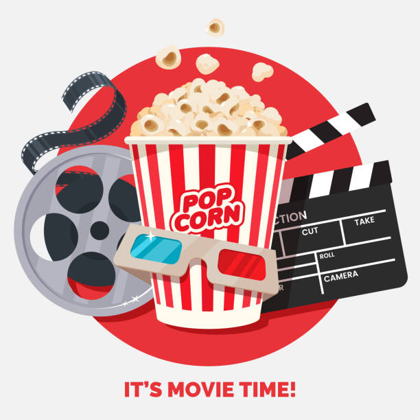 Cartoon drawing of film reel and popcorn on red and white background