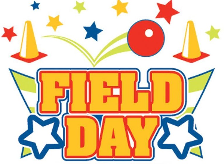 A cartoon picture of a ball bouncing, cones, and colorful stars. The text reads: Field Day