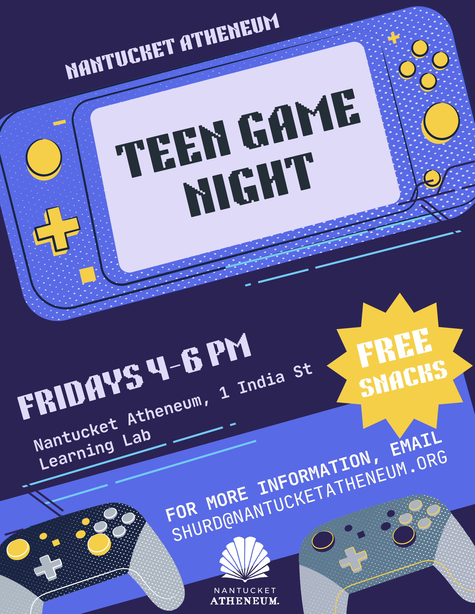 Blue and purple image of a Nintendo Switch. The text reads "teen game night, Friday 4-6 pm"