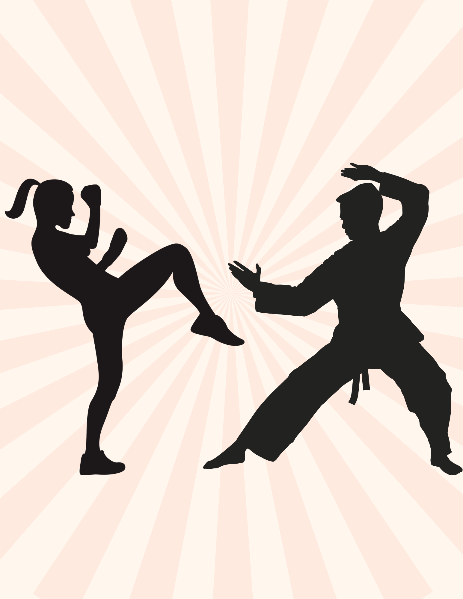 Silhouette of two people in fighting poses, on striped background