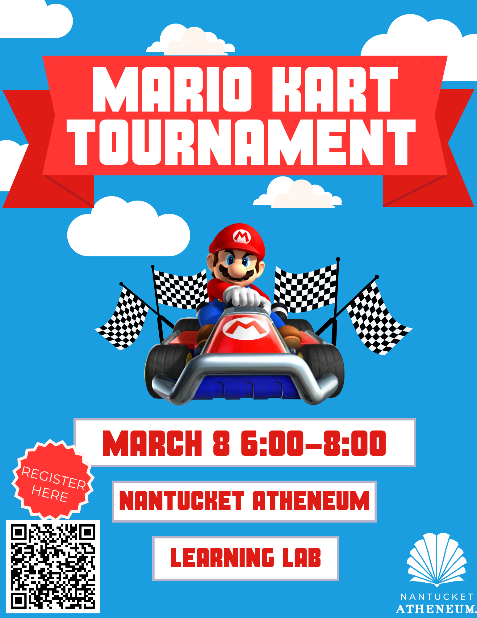 Mario on his racing kart on a blue cloud background