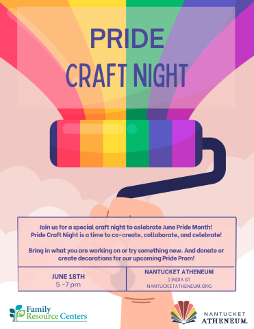 Pride craft night flyer, background is a hand with a rainbow paint roller