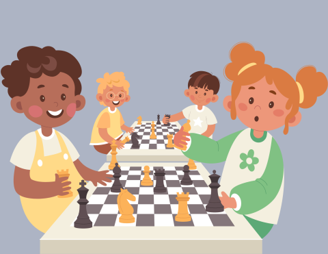 Image of 4 children playing 2 separate chess games