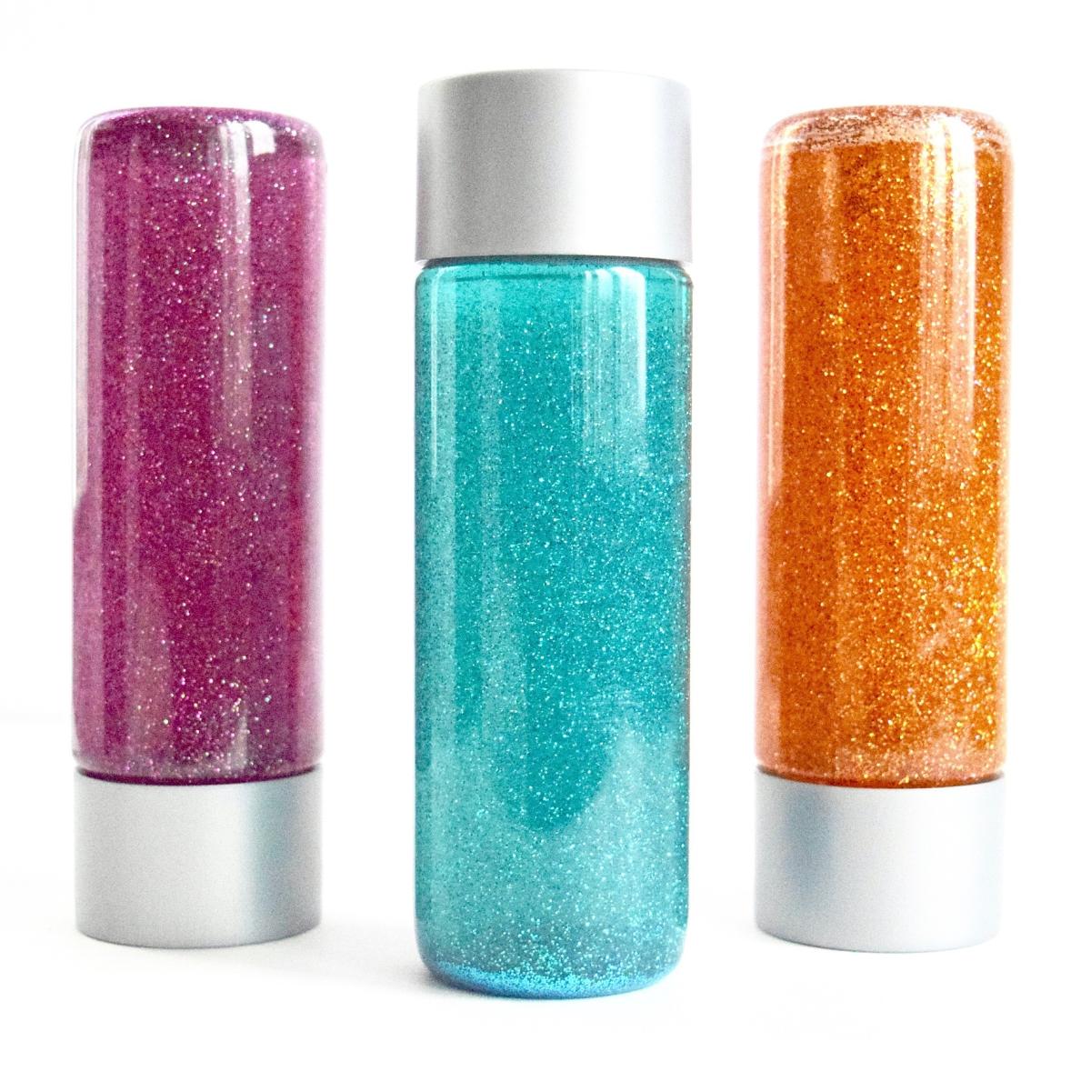 3 calming jars, with blue, orange, and purple glitter. 