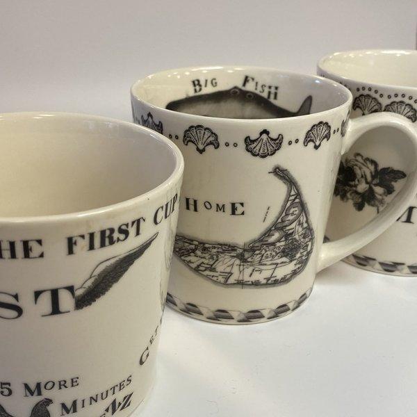 Transferware mugs with images of Nantucket Island