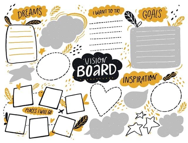 Vision board in gray, black, white and yellow